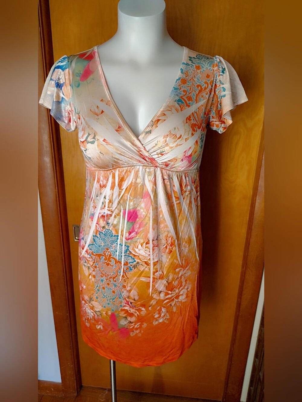 NWOT Kiara Boho Sunset Floral & Damask Empire Waist Mini Dress Size M